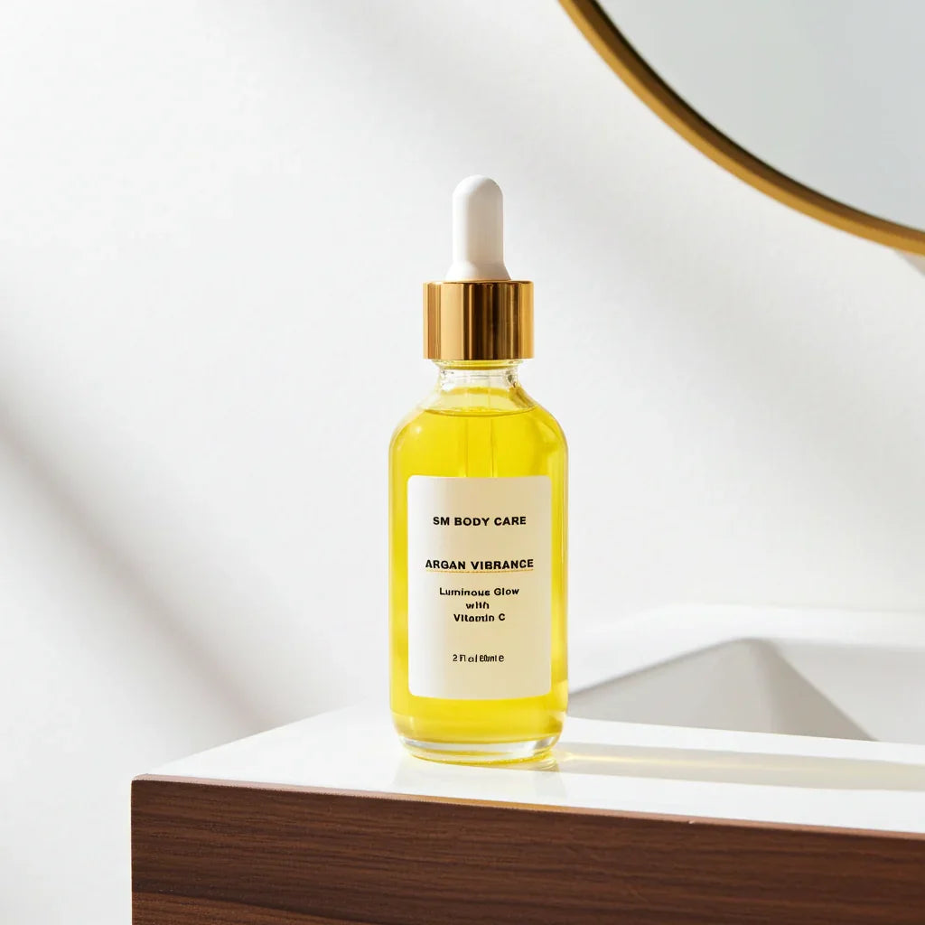 Bottle of SM Body Care Argan Vibrance face oil on a white surface with a mirror in the background