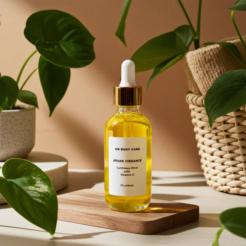 Yellow bottle of Argan and vitamin c face oil with dropper labeled 'SM Body Care' on a wooden board with plants in the background