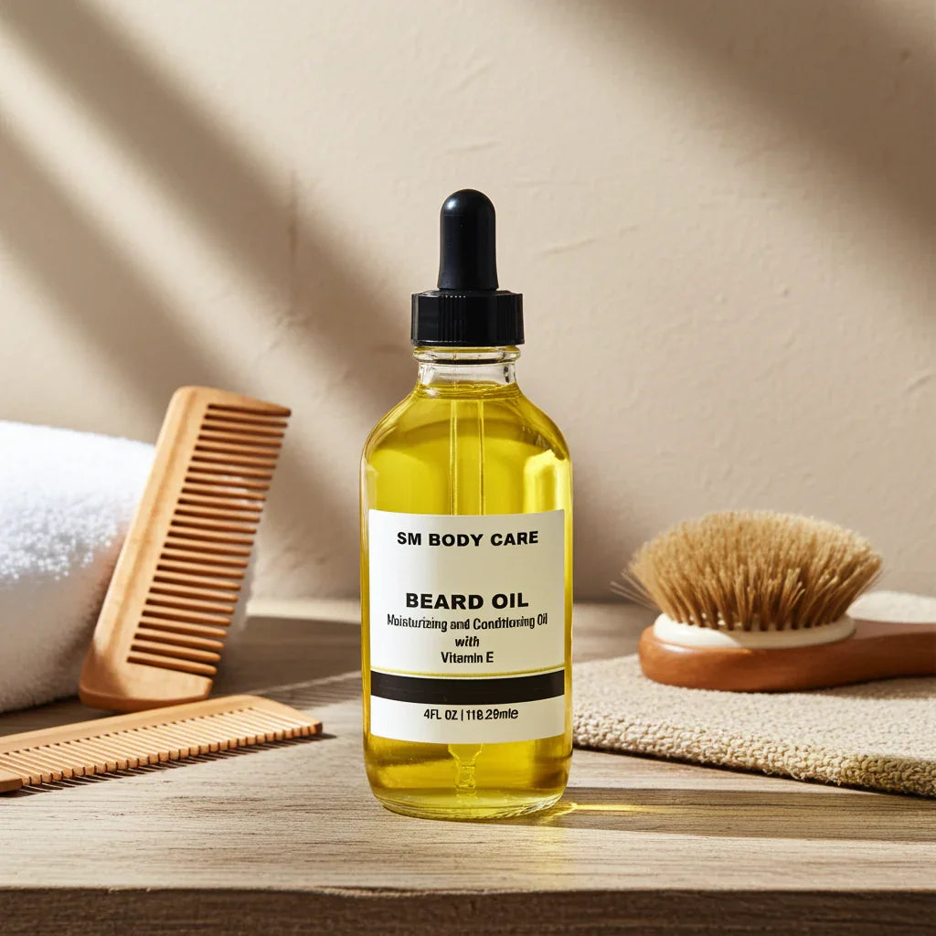 Bottle of SM Body Care beard oil with a comb and brush on a wooden surface.