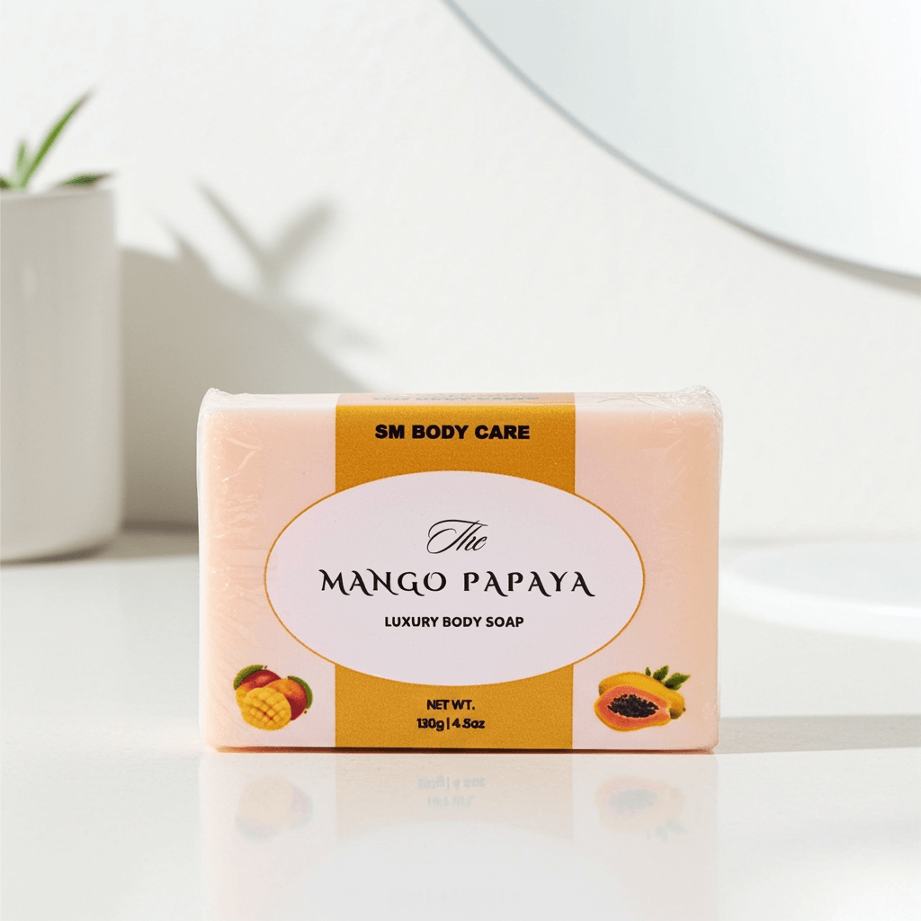 Mango Papaya luxury body soap bar on a white surface with a blurred background