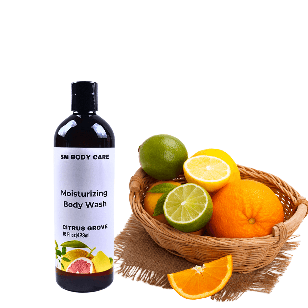 CITRUS GROVE MOISTURIZING BODY WASH NEXT TO A BASET OF CITRUS FRUITS SM BODY CARE