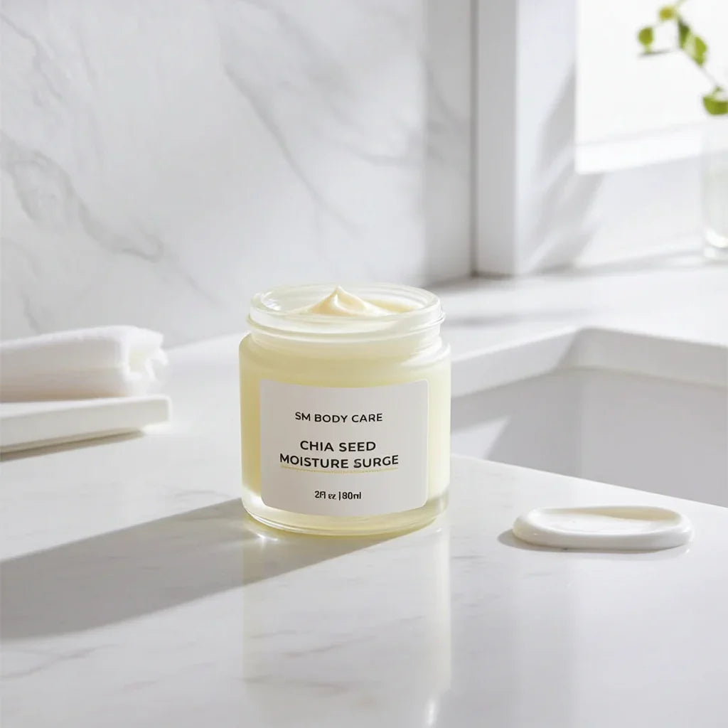 Jar of chia seed moisturizer on a white surface with natural light
