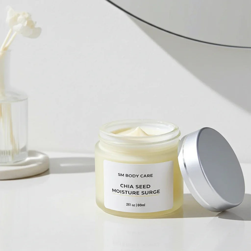 Jar of 'Chia Seed Moisture Surge' candle with a white label on a light surface.