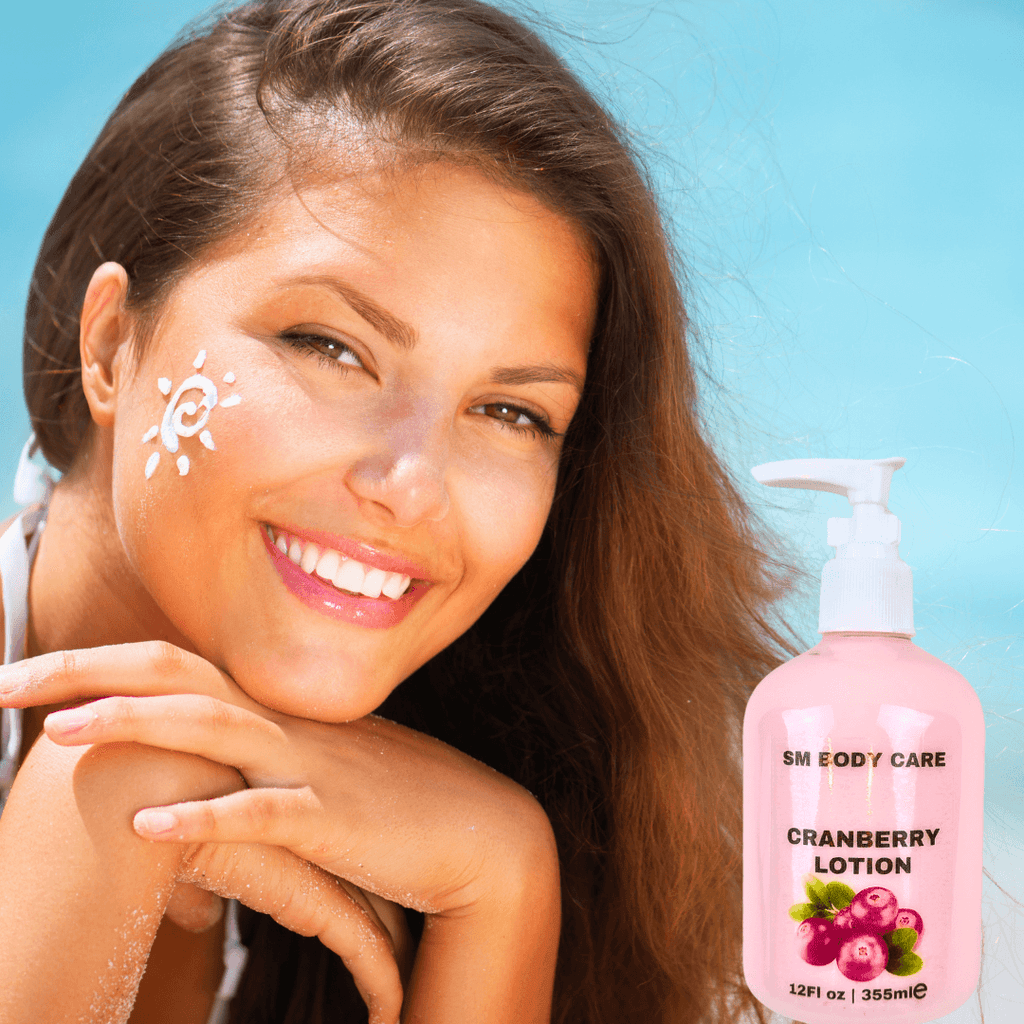 A woman using SM Body Care Cranberry Lotion 