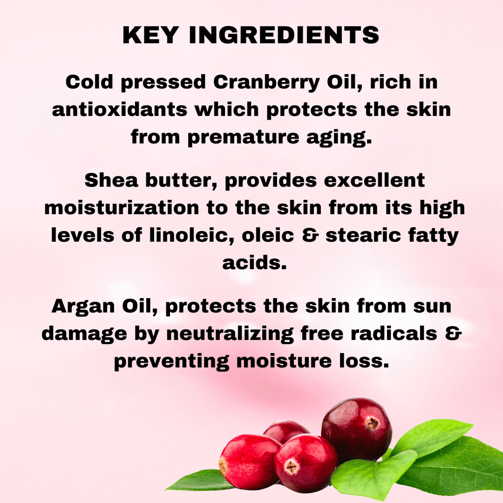 The Ingredients to the  Cranberry Lotion brought you by SM Body Care