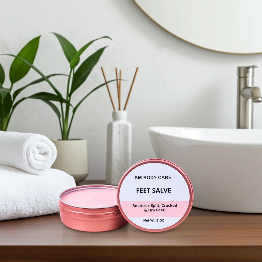 SM Body Care Feet Salve on a bathroom counter with towels and a plant in the background