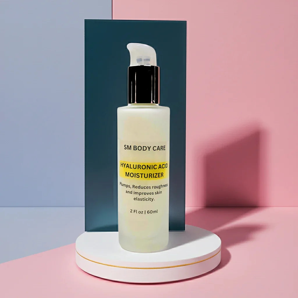 Hyaluronic acid moisturizer bottle on a pink and blue gradient background