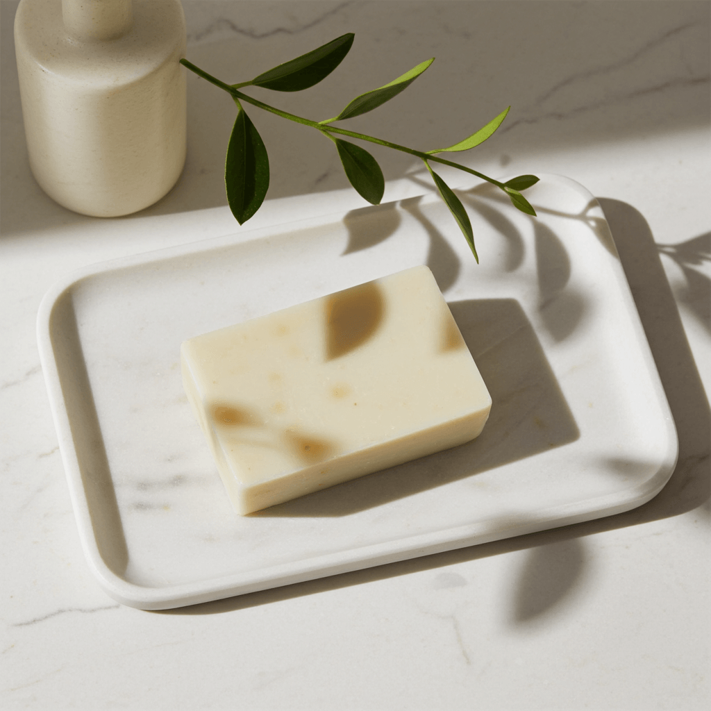 Bar of soap on a white marble tray with a green leafy branch and a white container in the background.