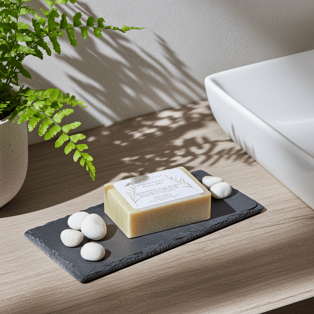 Bar of soap on a black slate with decorative stones on a wooden surface, next to a potted plant.