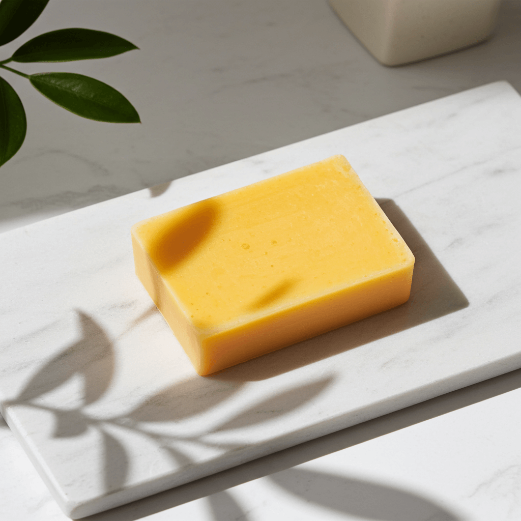 SM Body Care soap bar on a white marble tray with a plant in the background