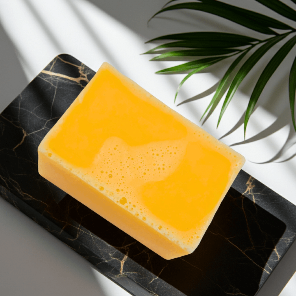 Yellow soap bar on a black marble surface with a green leaf in the background
