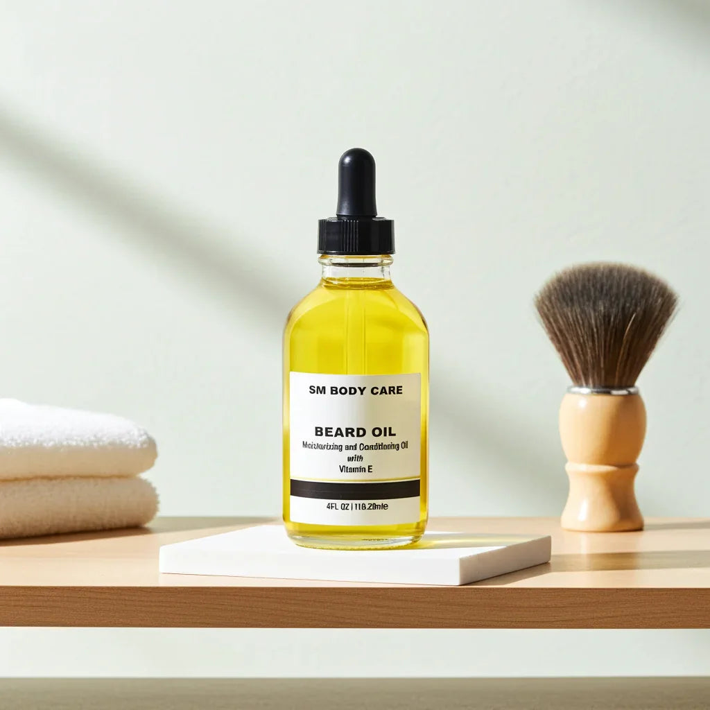Bottle of SM Body Care beard oil with a brush on a wooden surface