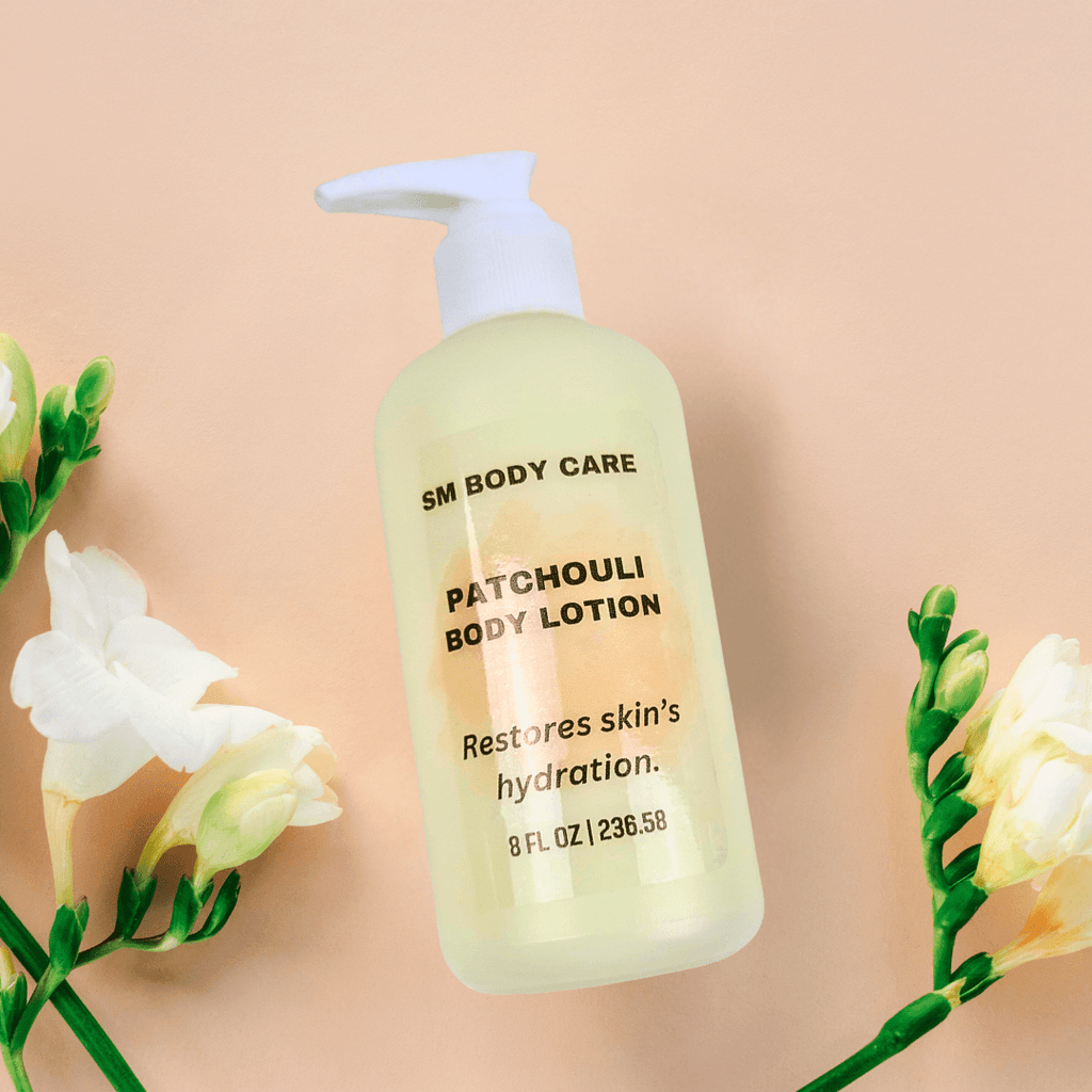 A bottle of pachouli lotion - SM BODY CARE