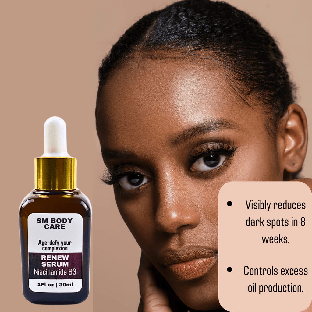 Age-defy your complexion with Renew Serum formulated with Niacinamide B3 to help brighten and control oil production for youthful glow brought to you by SM Body Care.