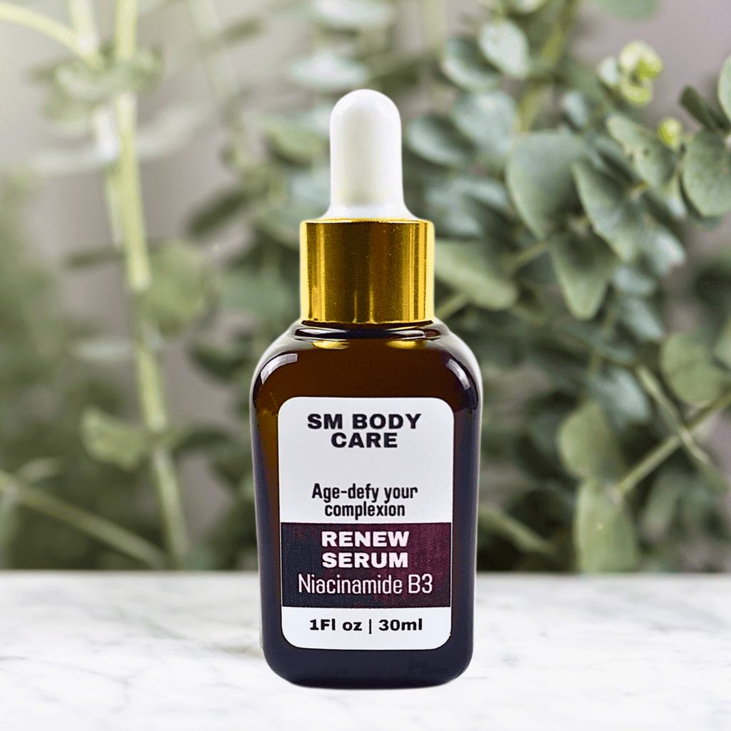 Age-defy your complexion with Renew Serum formulated with Niacinamide B3 to help brighten and control oil production for youthful glow brought to you by SM Body Care.