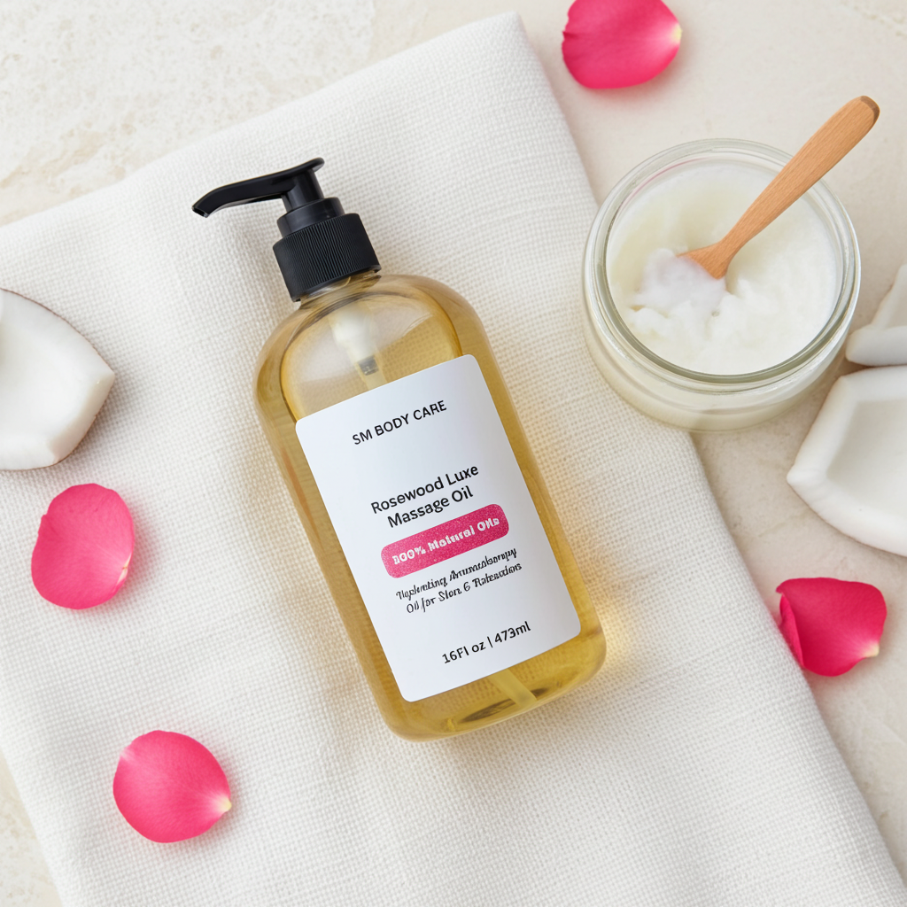 SM Body Care Rosewood Luxe Massage Oil bottle on white cloth with coconut pieces, pink rose petals, and jar of cream