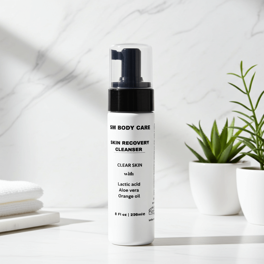 SM Body care face cleanser bottle on a bathroom counter with a plant and towels in the background.