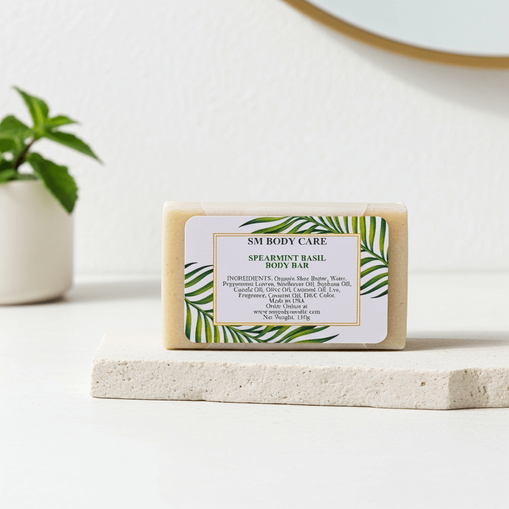 Bar of soap with a label on a white surface, featuring green leaf designs.