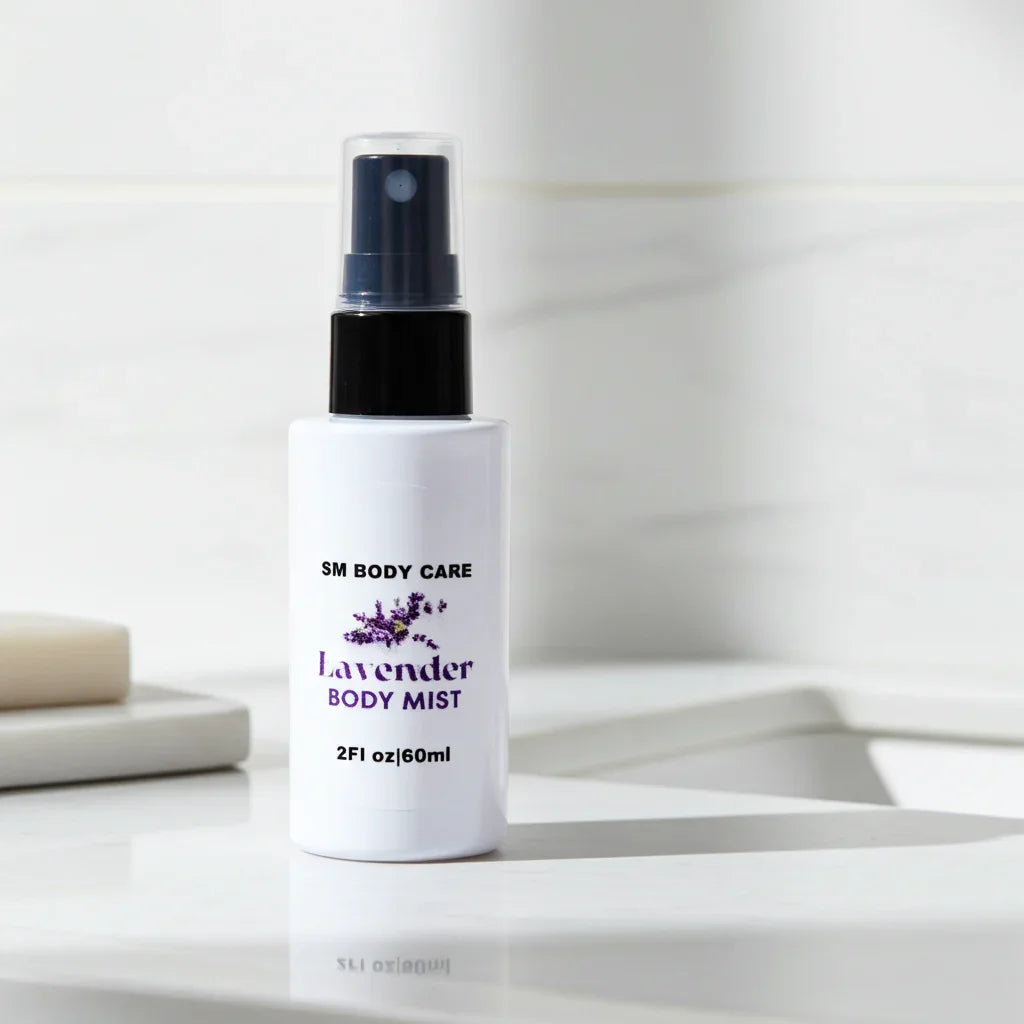 Lavender body mist bottle on a white surface with a blurred background