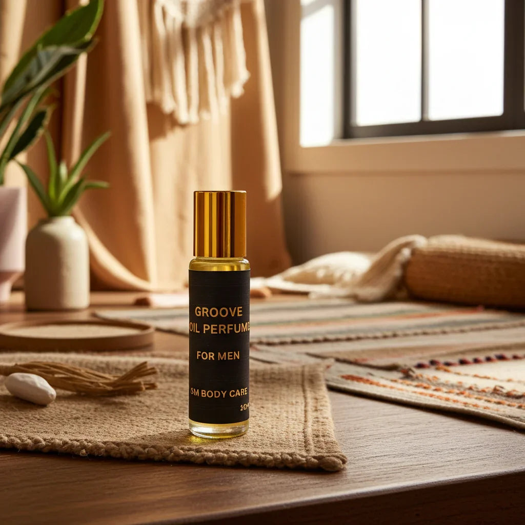 Perfume bottle labeled 'Groove' on a wooden surface with a warm interior background