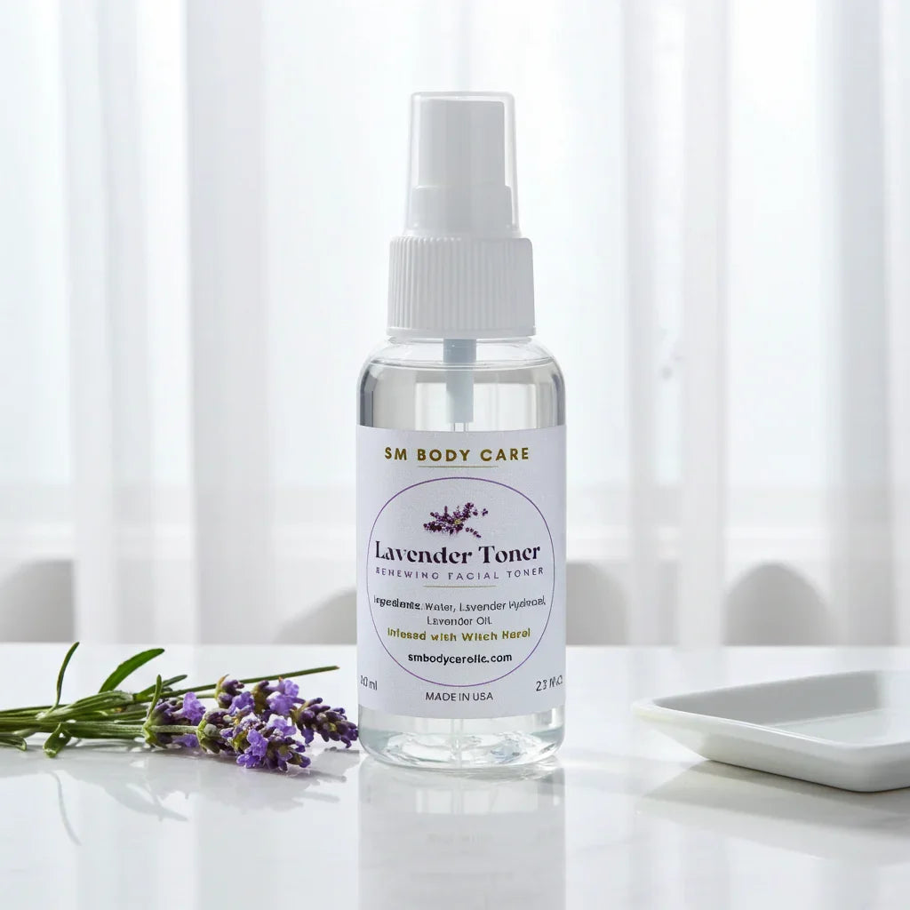 SM Body Care Lavender Toner bottle on a white surface with lavender flowers.
