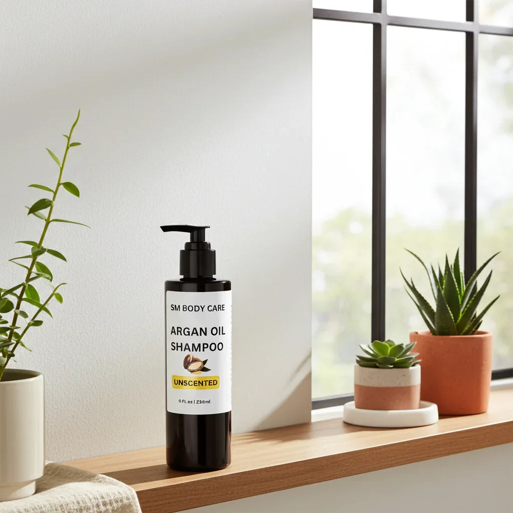 Bottle of argan oil shampoo on a windowsill with plants