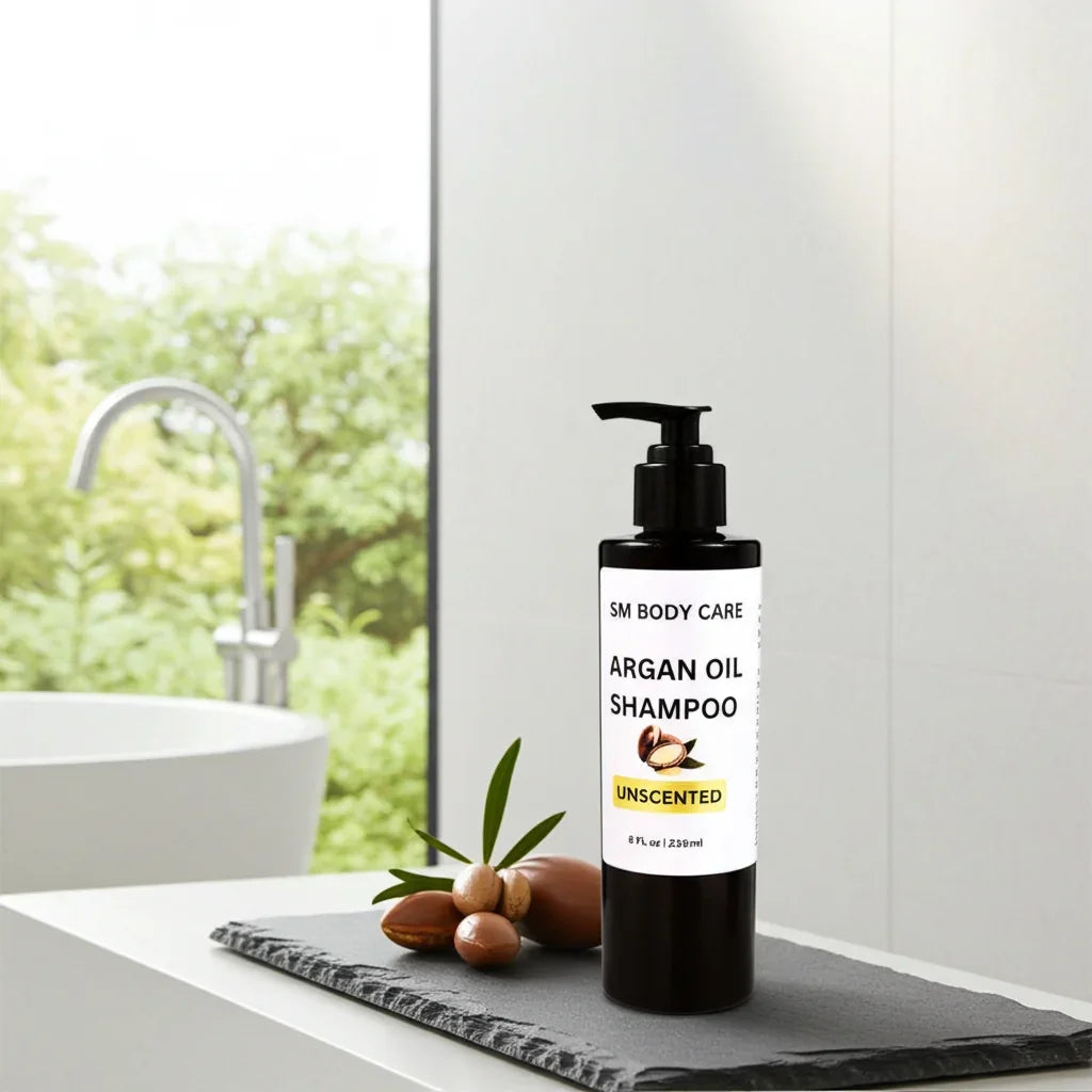 Bottle of argan oil shampoo on a kitchen counter with argan nuts and leaves.