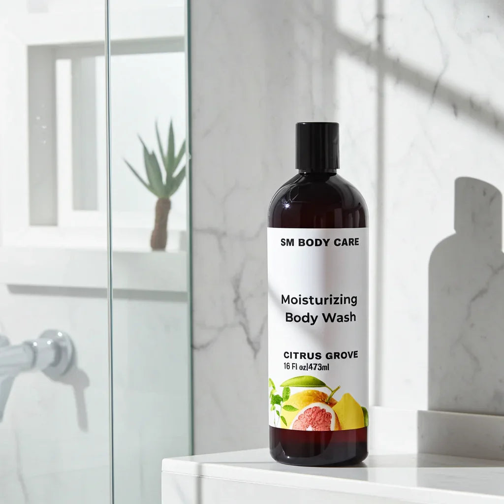 Bottle of SM Body Care Citrus Grove body wash on a bathroom counter.