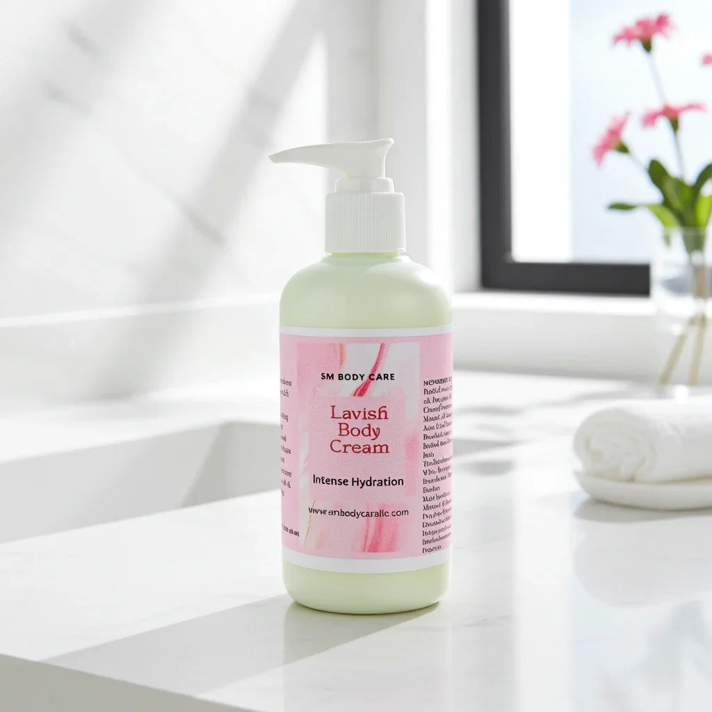 Lavish Body Cream bottle on a white surface with a blurred background