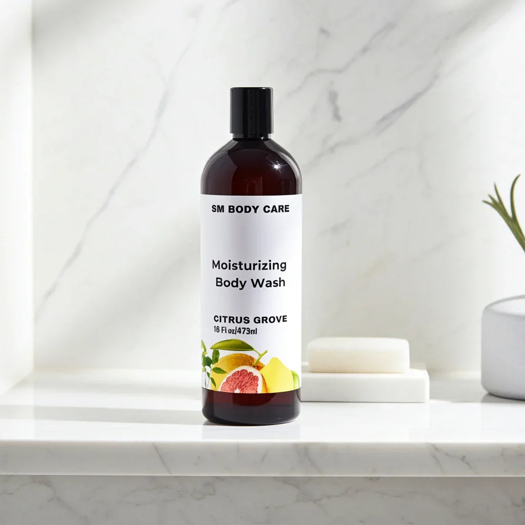 Bottle of SM Body Care Citrus Grove body wash on a marble surface with a white marble background.