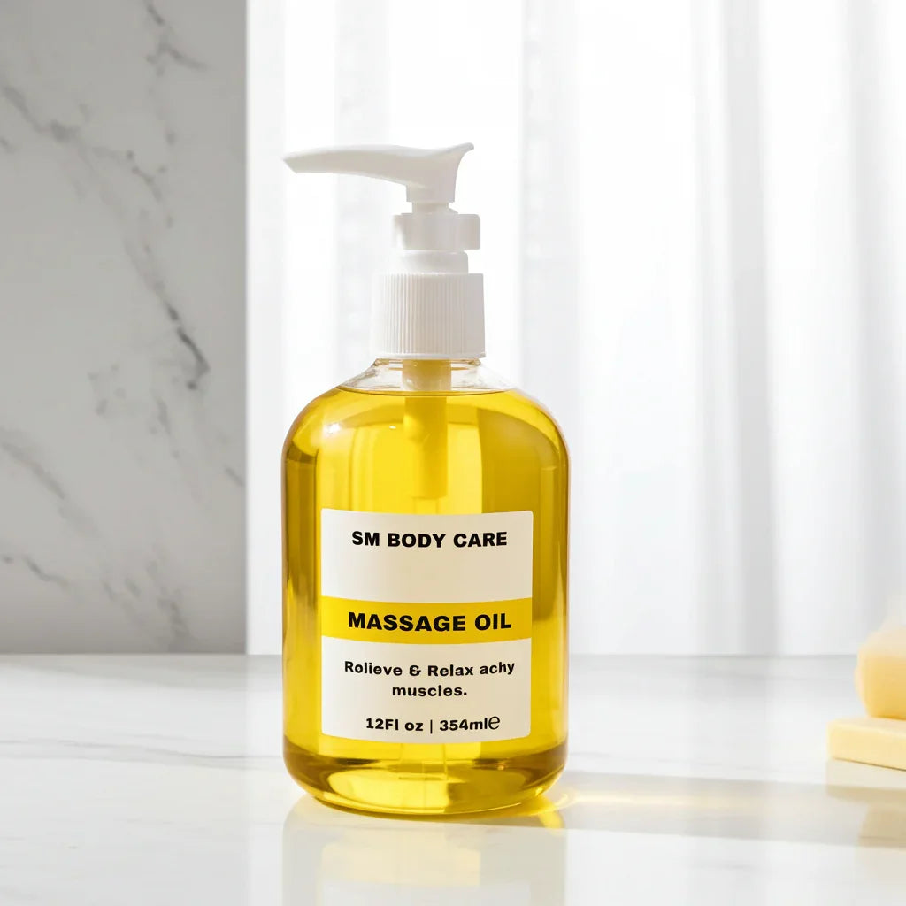 Bottle of SM Body Care massage oil on a marble surface with a neutral background