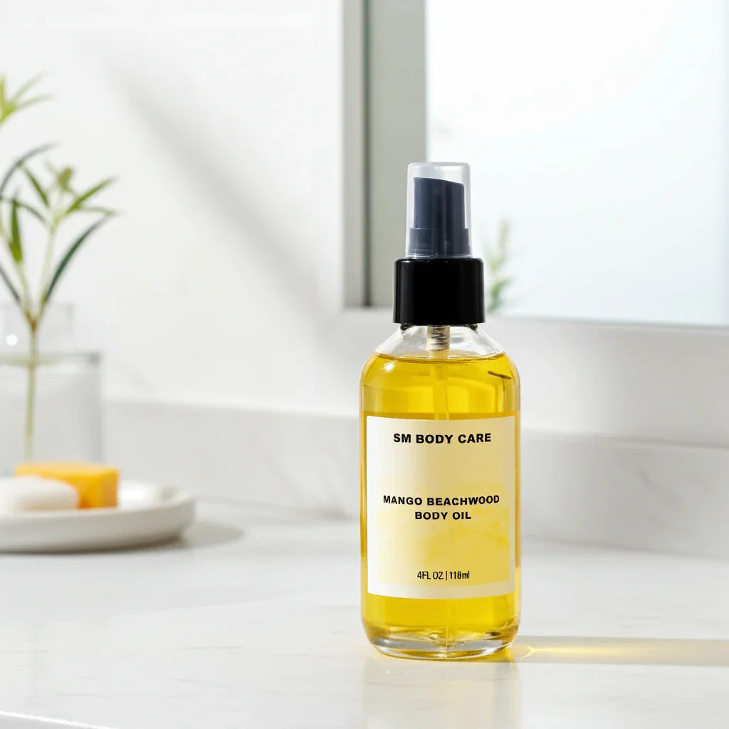 Bottle of SM Body Care Mango Beachwood body oil on a bathroom counter with a plant in the background.