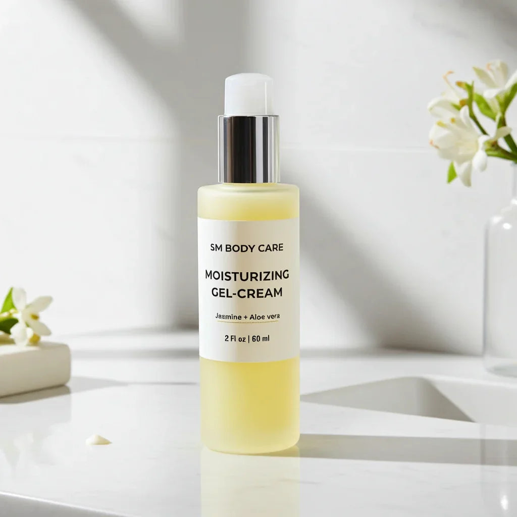 Bottle of SM Body Care moisturizing gel-cream on a white surface with flowers in the background