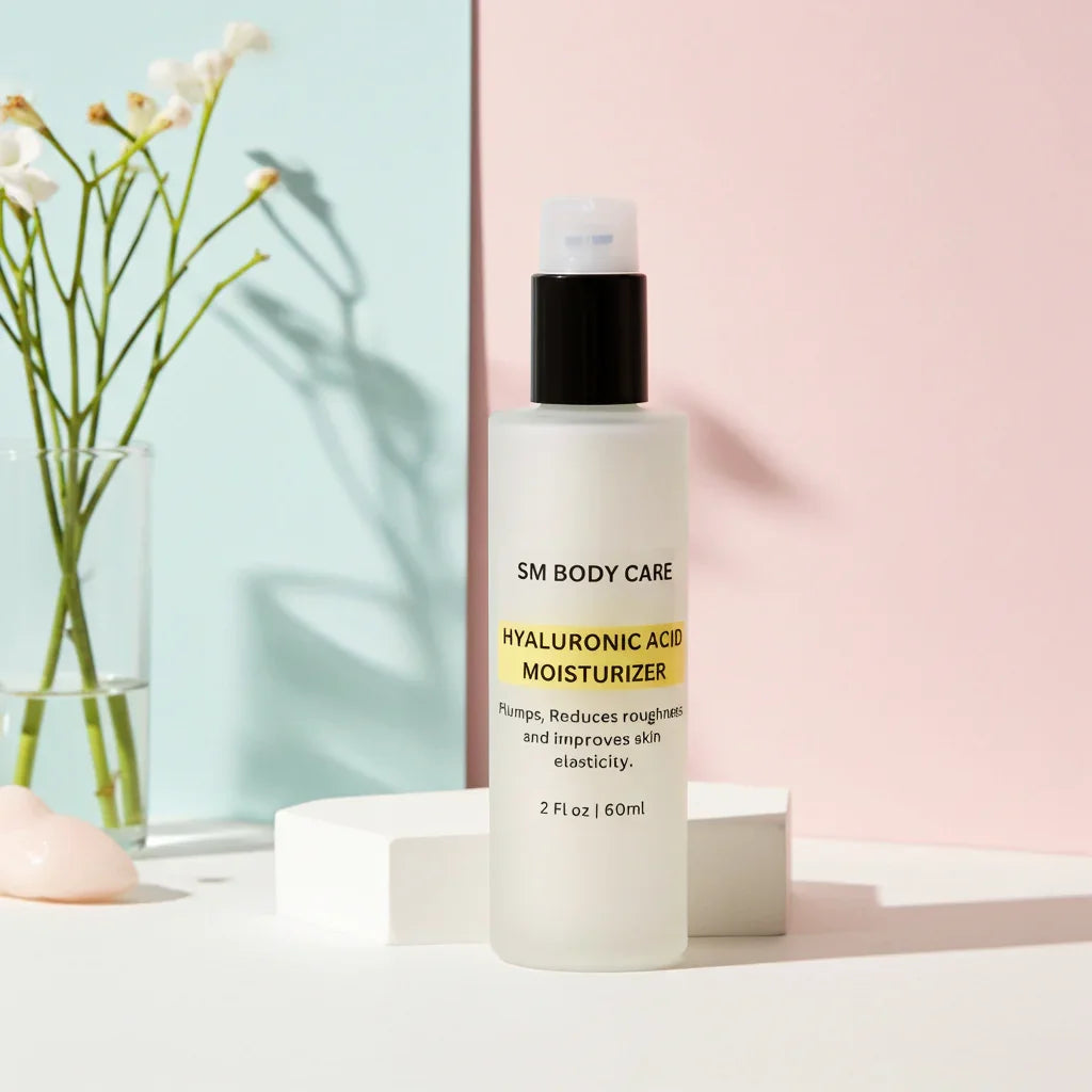 SM Body Care Hyaluronic Acid Moisturizer bottle on a white platform with a light blue and pink background.