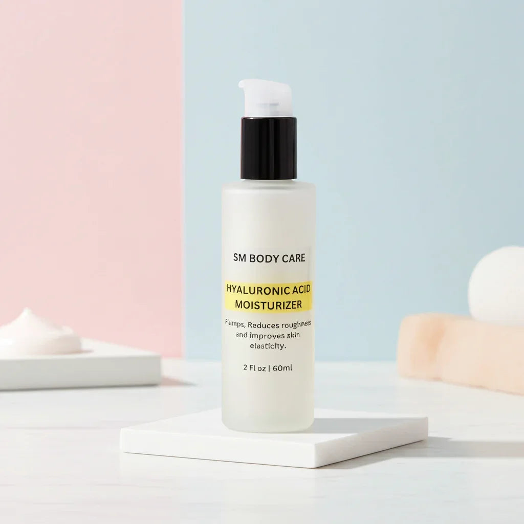 SM Body Care Hyaluronic Acid Moisturizer bottle on a light surface with a pastel pink and blue background