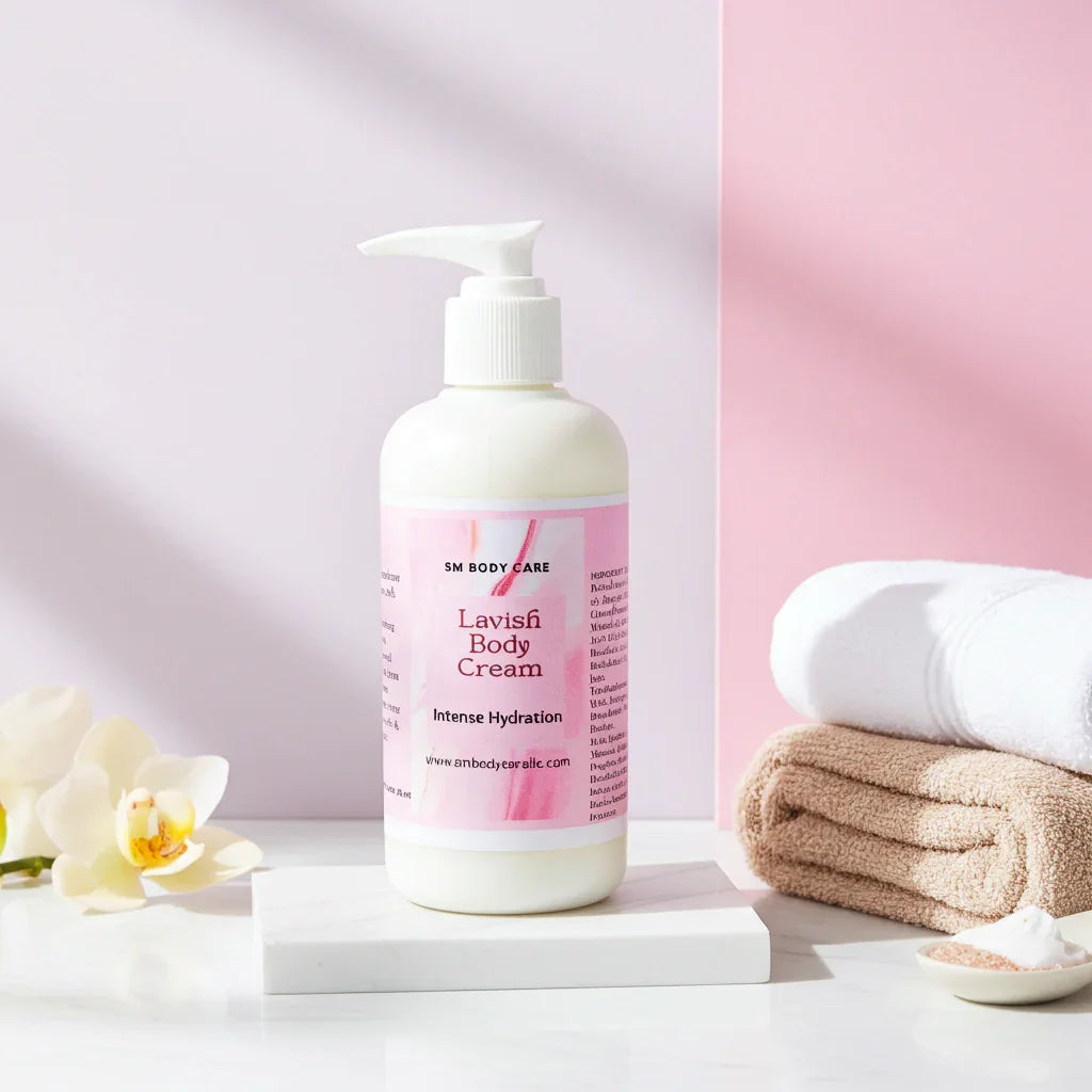 Lavish Body Cream bottle with flowers and towels on a light background