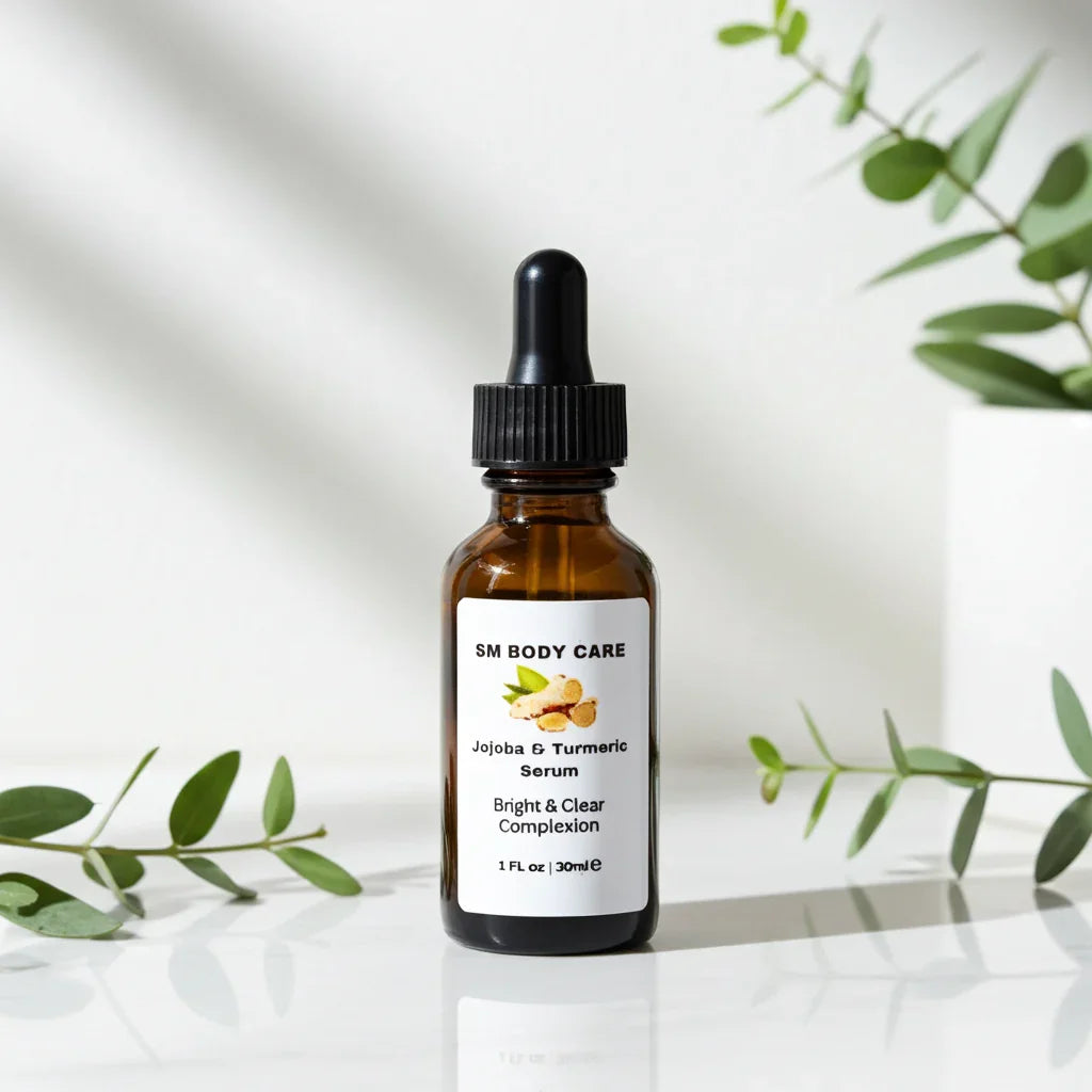 Brown glass bottle of jojoba and turmeric serum with dropper labeled 'SM Body Care' on a white background with green leaves.