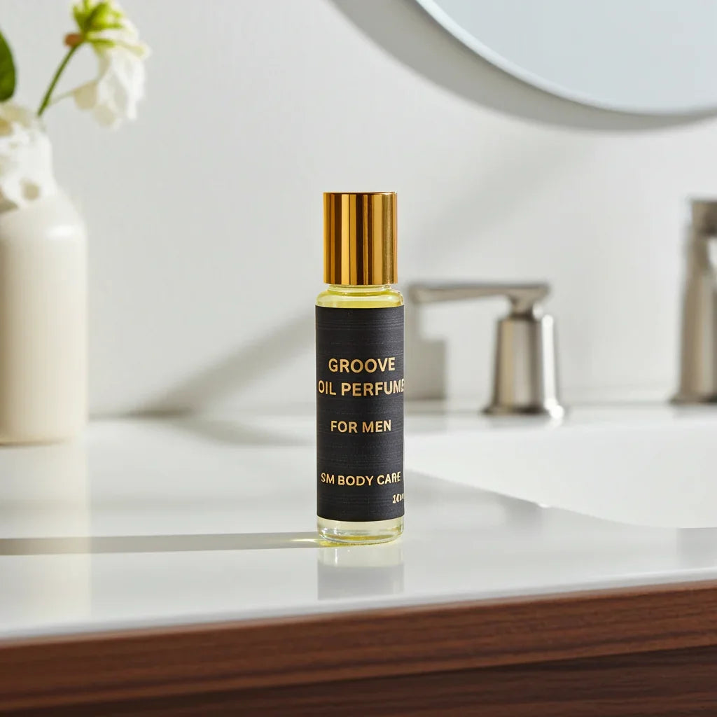 Perfume bottle labeled 'Groove Oil Perfume for Men' on a bathroom counter.