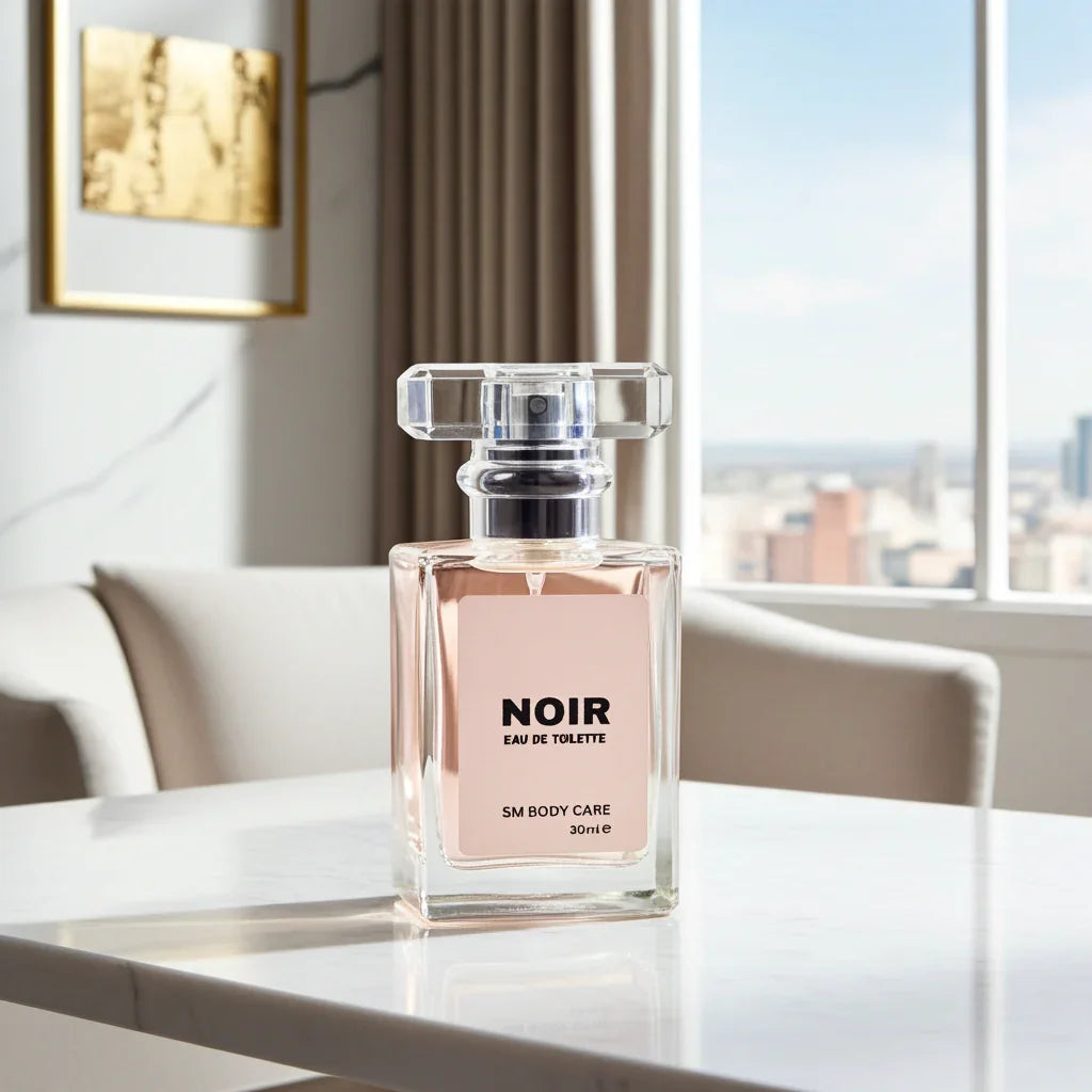 Perfume bottle labeled 'NOIR' on a table with a cityscape view in the background