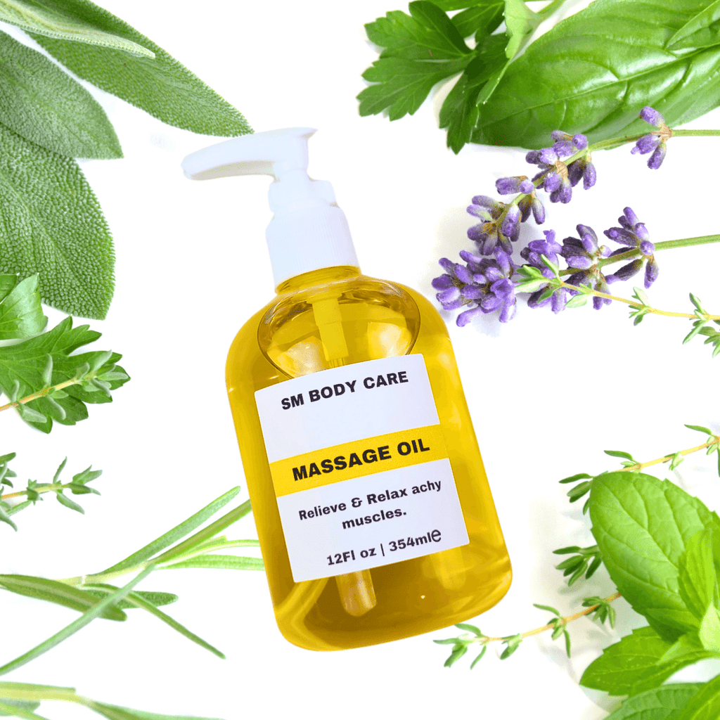 SM Body Care relaxing massage oil, a massage oil for pain. Ingredients include a mixture of grapeseed oil, avocado oi, sunflower oil, castor oil, rosehip oil, and lemon oil. 