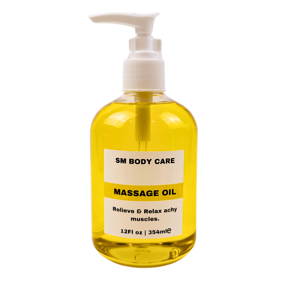 SM Body Care relaxing massage oil, a massage oil for pain. Ingredients include a mixture of grapeseed oil, avocado oi, sunflower oil, castor oil, rosehip oil, and lemon oil. 