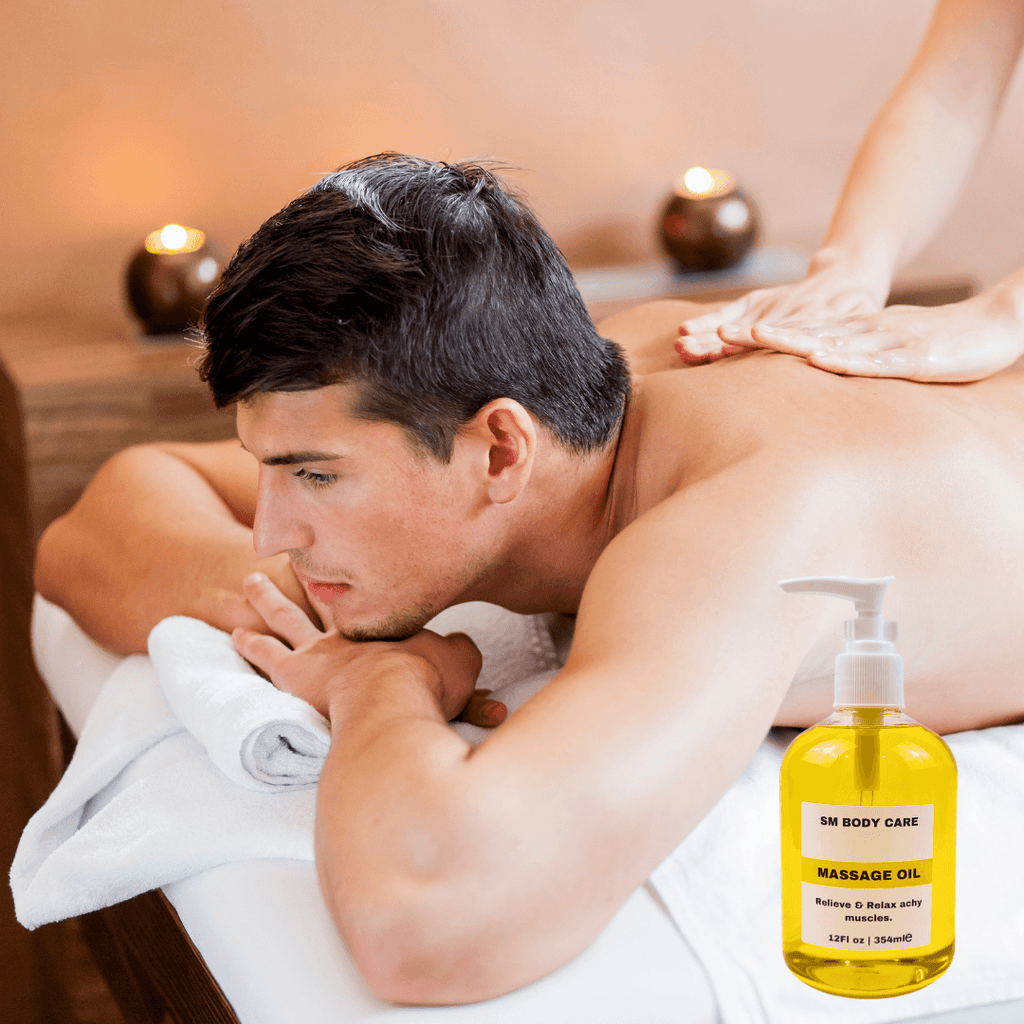 SM Body Care relaxing massage oil, a massage oil for pain. Ingredients include a mixture of grapeseed oil, avocado oi, sunflower oil, castor oil, rosehip oil, and lemon oil. 