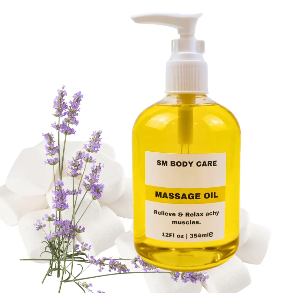 SM Body Care massage oil with a mixture of grapeseed oil, avocado oi, sunflower oil, castor oil, rosehip oil, and lemon oil.