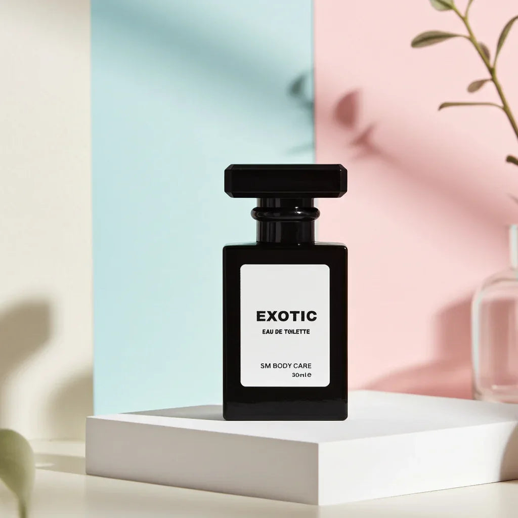 Black perfume bottle labeled 'Exotic' on a white platform with a pastel pink and blue background.