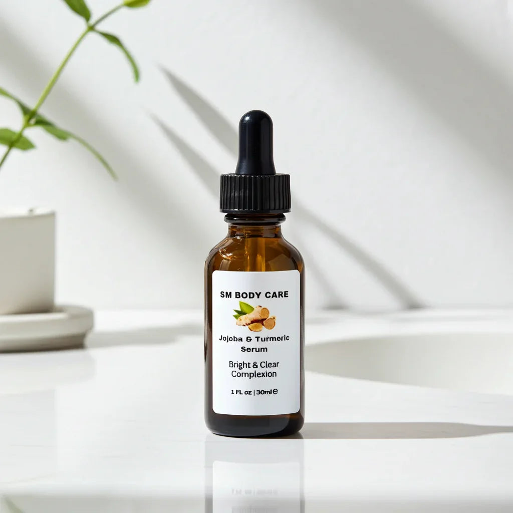 Amber glass bottle of SM Body Care jojoba turmeric serum for bright clear complexion on white surface
