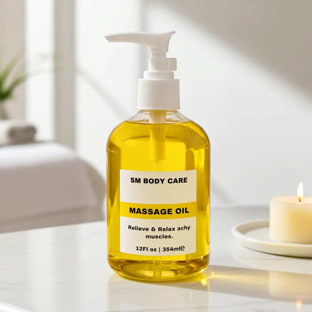 Bottle of SM Body Care massage oil on a reflective surface with a candle in the background.