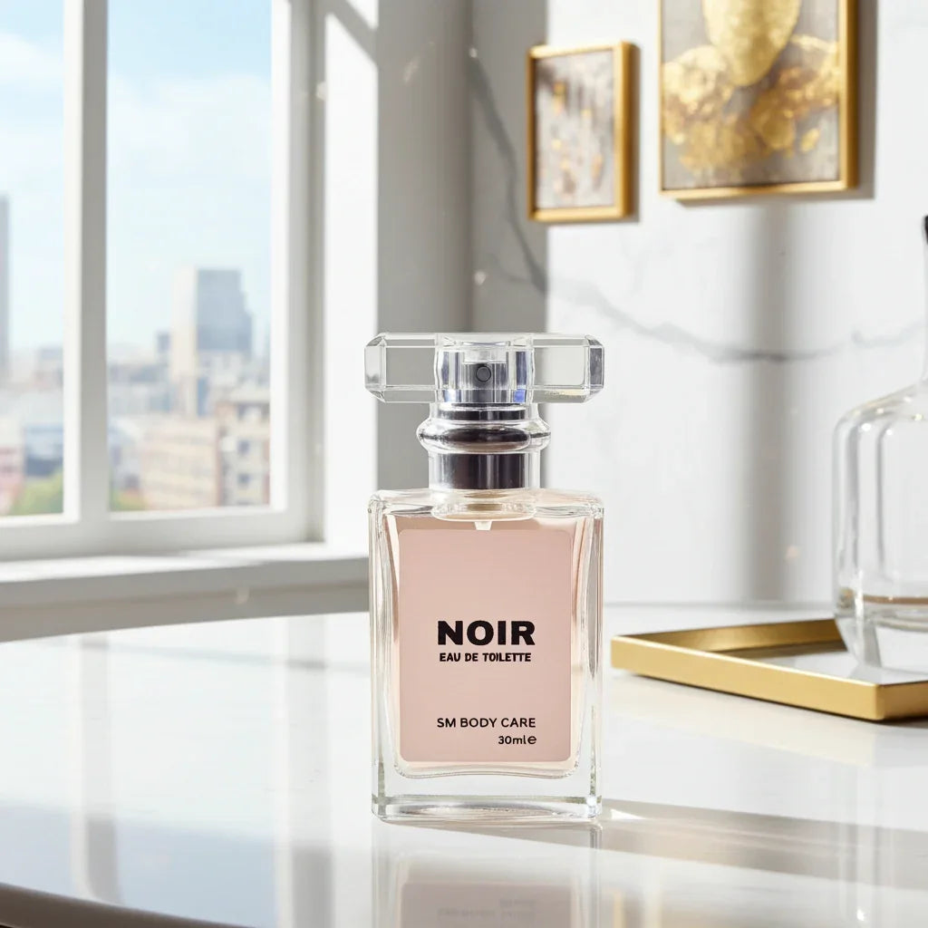 Perfume bottle labeled 'NOIR' on a reflective surface with a cityscape view through a window.
