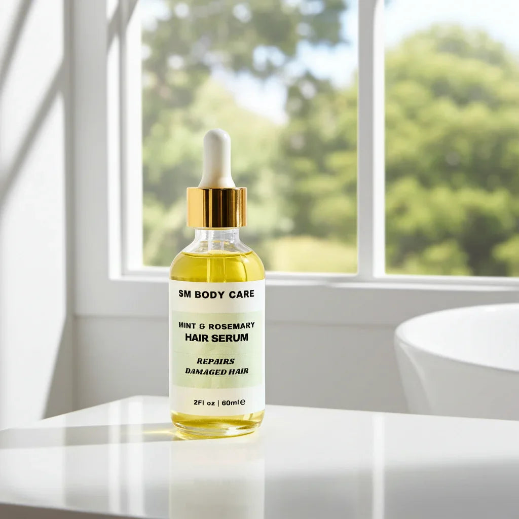 Bottle of SM Body Care Mint & Rosemary Hair Serum on a white surface with a window in the background.