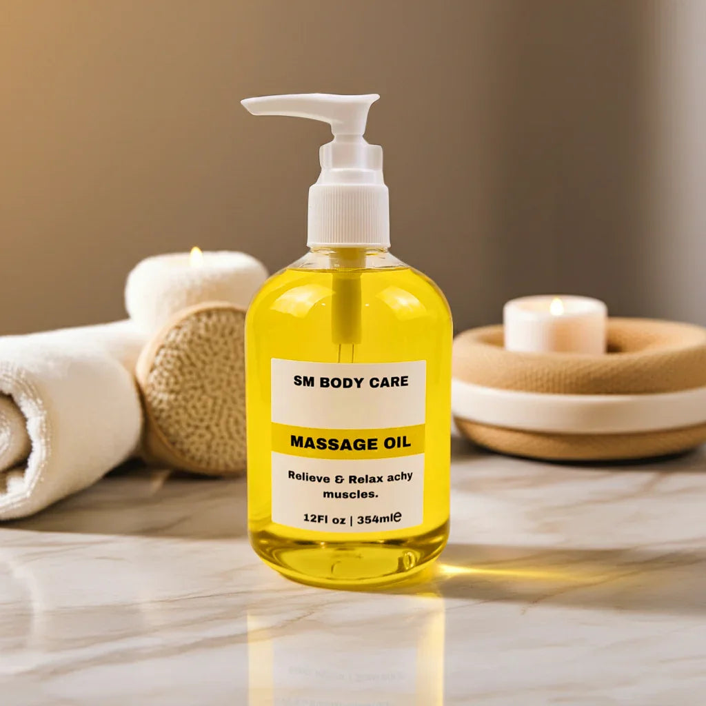 Yellow massage oil bottle with pump on a wooden surface, surrounded by towels and candles.