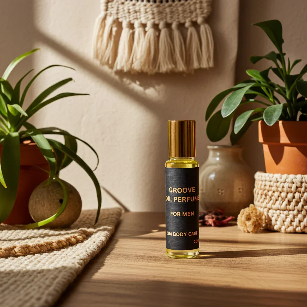 Groove oil perfume bottle for men on a wooden surface with plants and decorative items in the background